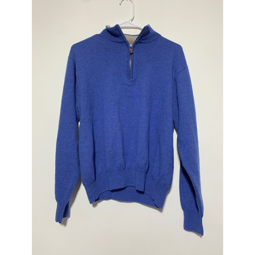 Peter Millar Mens Size L Blue Merino Wool Long Sleeve 1/4 Zip Pullover Holes